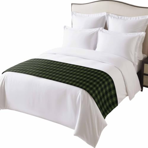 94x20 Inch King Size Satin Bed Runner Scarf - Green Black Buffalo Plaid Checkered