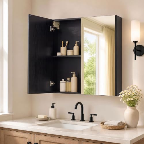 GIANTEX Black Wall-Mount Bathroom Mirror Cabinet with 2 Doors