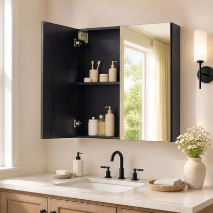 GIANTEX Black Wall-Mount Bathroom Mirror Cabinet with 2 Doors