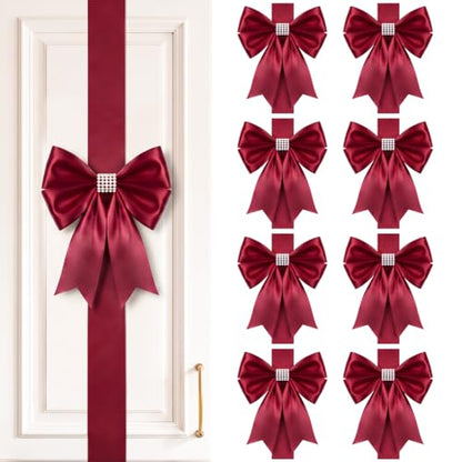 Christmas Cabinet Ribbons Bows - Burgundy Satin Set of 8, 77.9-inch