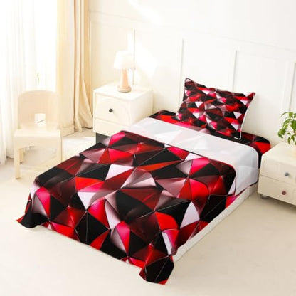 Kids Bed Sheet Set Twin Size Black Red Geometric 3D Bedding with Deep Pockets