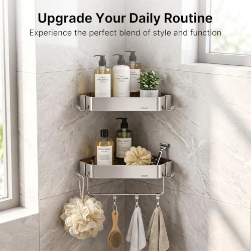 2 Pack Corner Shower Caddy Stainless Steel Adhesive or Drill Mount Bathroom Organizer