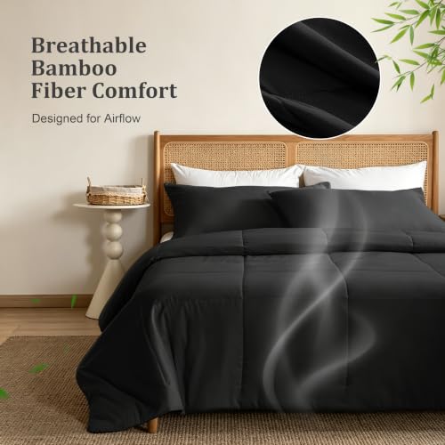 BEDSUM Twin Cooling Comforter Set - Black, 3-Piece Rayon Bamboo Blend