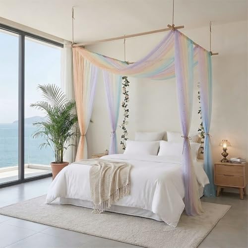 Pastel Rainbow Sheer Canopy Bed Curtains for Girls Twin & House Bed - Glitter Variation