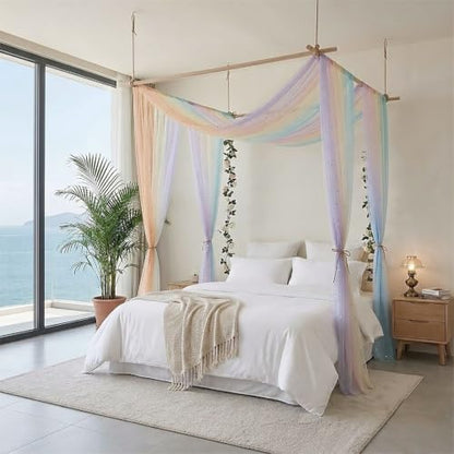 Pastel Rainbow Sheer Canopy Bed Curtains for Girls Twin & House Bed - Glitter Variation