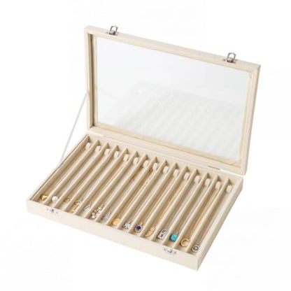Beige Necklace Organizer with 15 Hooks Velvet Lid Jewelry Holder
