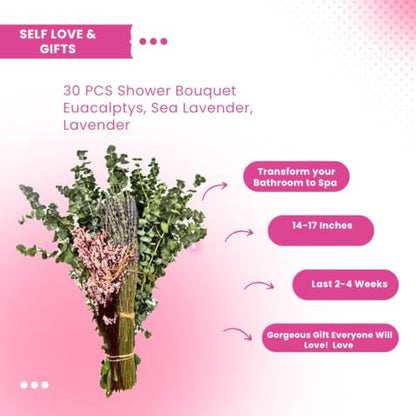 Preserved Dried Floral Shower Bouquet with Lavender & Eucalyptus - Aromatherapy Bathroom Decor
