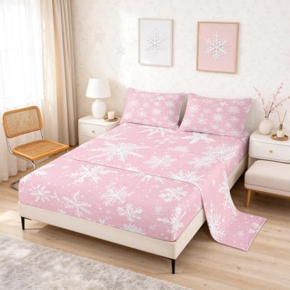 Pink Snowflake Bed Sheets Set for Kids & Adults King Size 4Pcs - White Pink Variation
