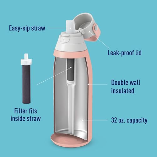 Brita Stainless Steel Premium Filtering Water Bottle, BPA-Free, Reusable, Insulated, Replaces 300 Plastic Water Bottles, Filter Lasts 2 Months or 40 Gallons, Includes 1 Filter, Rose - 32 oz.