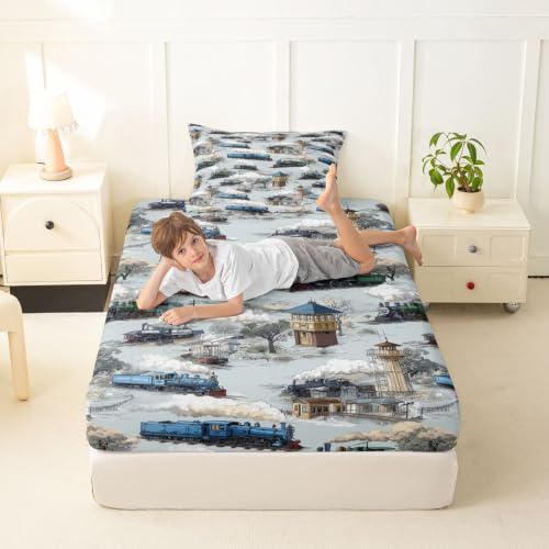 Vintage Steam Engine Twin Fitted Sheet Set for Kids - Gray Blue, Deep Pocket 2Pcs with Pillowcase