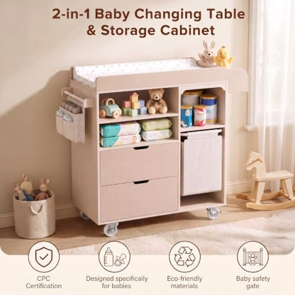 Baby Changing Table with Waterproof Pad & Storage Dresser - Beige