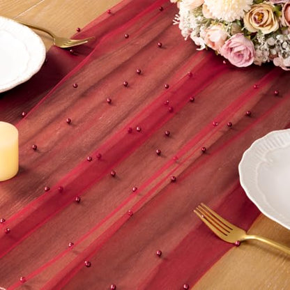 DeZerlor Red Pearl Table Runner for Christmas Party Decor - 1 Pack