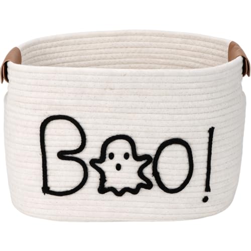 Halloween Ghost Woven Rope Basket with Handles - Spooky Decorative Storage Bin