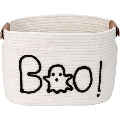 Halloween Ghost Woven Rope Basket with Handles - Spooky Decorative Storage Bin