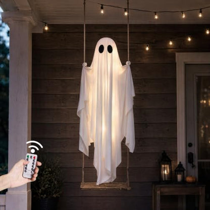 Outdoor Hanging Ghost Decoration with Lights - 5FT Spooky Swing Ghost for Yard Porch