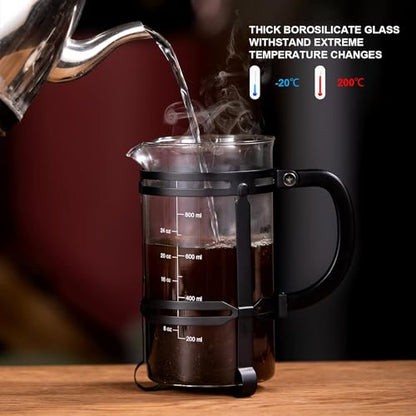 French Press Coffee Maker (34 oz) with 4 Filters - 304 Durable Stainless Steel,Heat Resistant Borosilicate Glass Coffee Press,BPA Free,Black（include 1 cleaning brush,1spoon and 2 spare filter screen