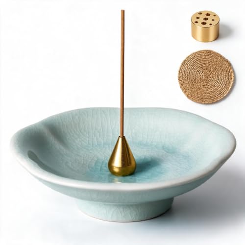 Sky Blue Ceramic Incense Holder Burner with Ash Catcher and Brass Accessories - Handmade