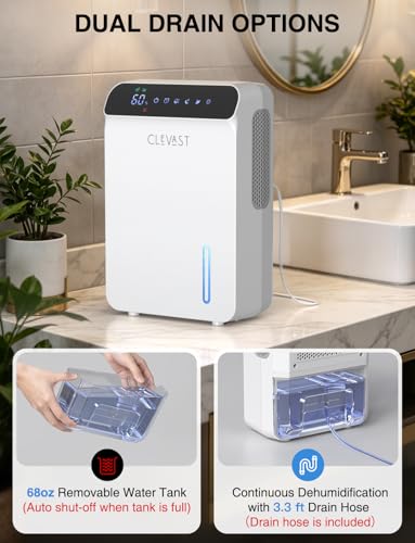 2L Compact Dehumidifier for Bedroom Bathroom with Drain Hose Quiet 500 Sq.ft