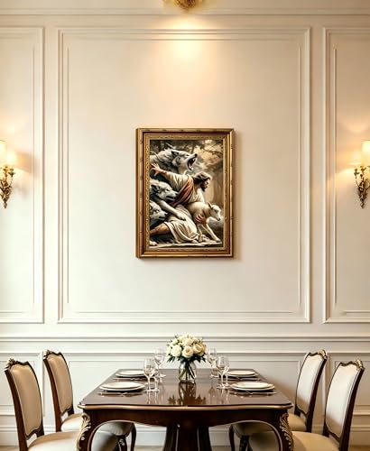 Framed Jesus Protecting Lamb Wall Art Religious Decor 24x16 Inches - Gold Frame