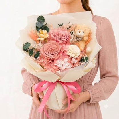 Pink Rose Bear - Preserved Flower Teddy for Romantic Gift, 10x12 Inches