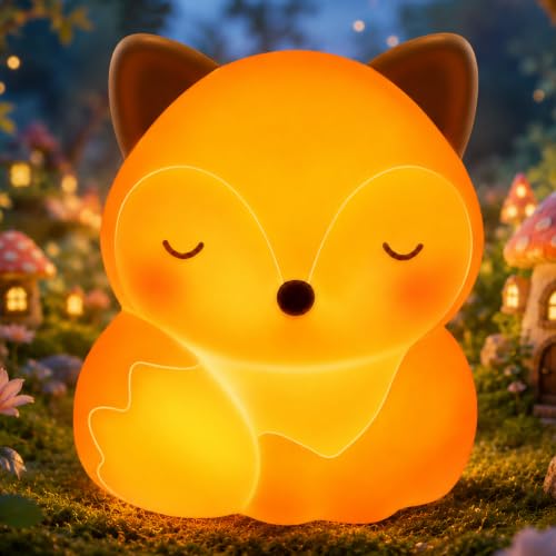 Kids Fox Night Light - Squishy Silicone Bedside Lamp for Nursery & Toddler
