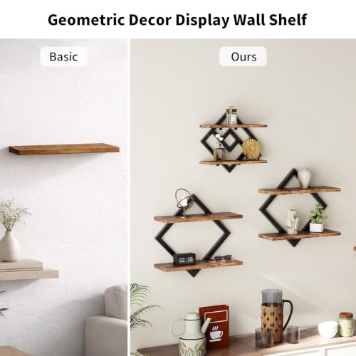 2-Tier Wooden Floating Wall Shelves Set - Brown, 3 Pieces