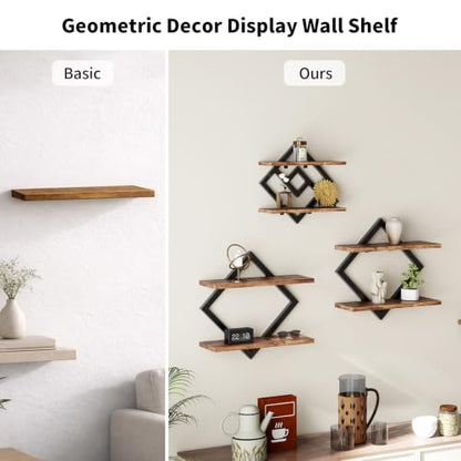 2-Tier Wooden Floating Wall Shelves Set - Brown, 3 Pieces