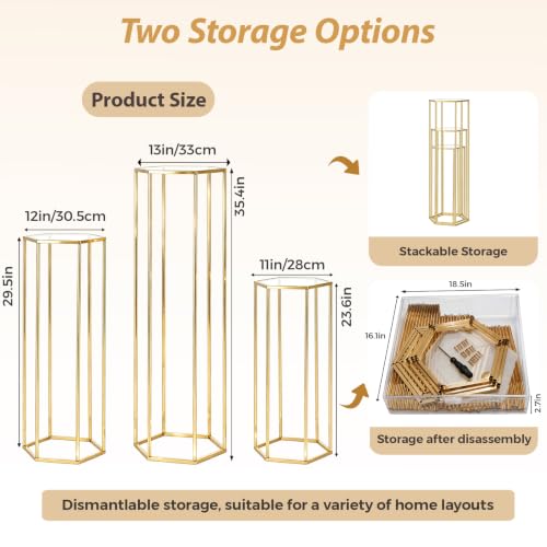 Gold Hexagon Pedestal Stands 3 Sizes for Party Decor, Cake & Centerpieces