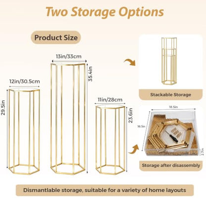 Gold Hexagon Pedestal Stands 3 Sizes for Party Decor, Cake & Centerpieces