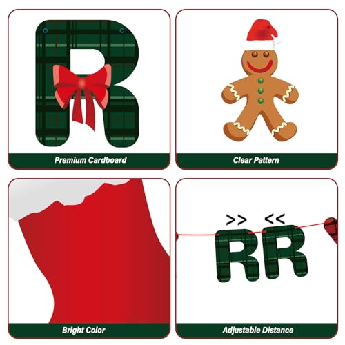 Christmas Banner Set with Gingerbread Socks Signs - Red & Green Holiday Paper Garland for Indoor Outdoor Decorations