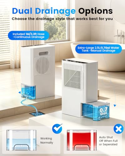 2000 Sq.Ft Home Dehumidifier with Drain Hose & Water Tank - Quiet, Auto Shut Off