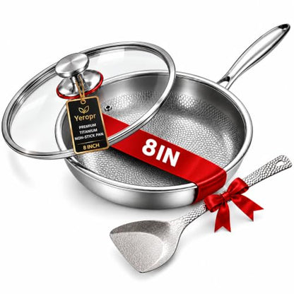 8 Inch Titanium Frying Pan with Lid & Spatula - Uncoated Hammered Scratch-Resistant Skillet for Induction & Oven Cooking - Variation of 8in