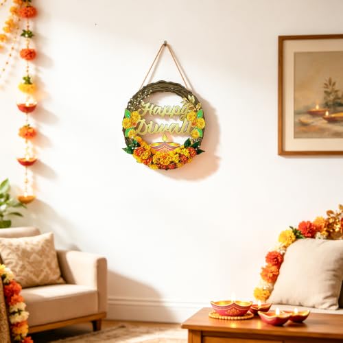 Diwali Wreath - Wooden Happy Diwali Decoration for Front Door & Wall, 13x11.4 Inches