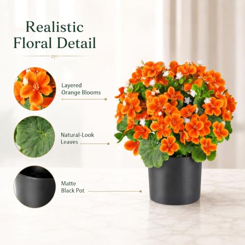 15-Inch Artificial Geranium Flower in Pot - Fall Decor, Orange