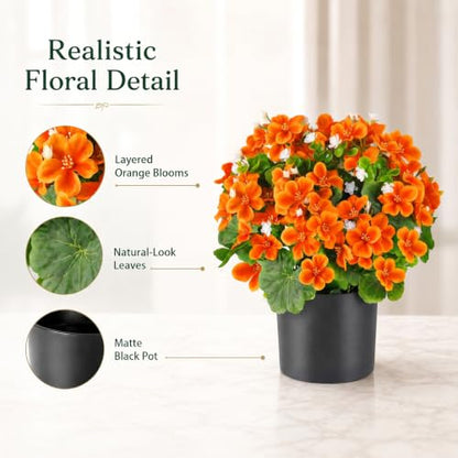 15-Inch Artificial Geranium Flower in Pot - Fall Decor, Orange
