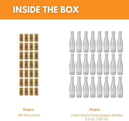 24-Pack 187ml Clear Champagne Bottles with Corks for Homebrewing
