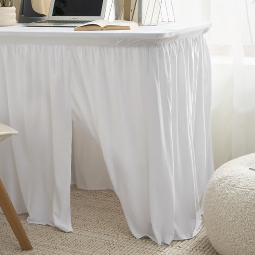 36-Inch White Plush Dorm Desk Skirt with Elastic Fit - Modern Desk Cover