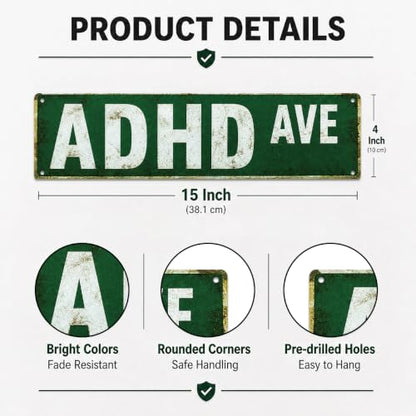 Funny ADHD Ave Metal Tin Sign - Quirky Wall Decor for Home & Office