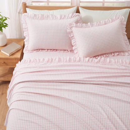 Gingham Ruffle Queen Bed Sheet Set - Pink Microfiber Plaid Bedding