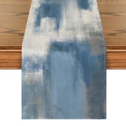 13x72 Light Blue Abstract Modern Art Table Runner - Farmhouse Kitchen Decor