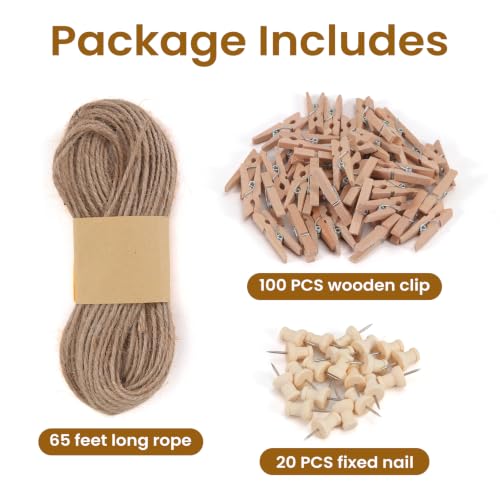 Mini Clothespins for Photos with Jute String - 100 Pcs, Wall Decor