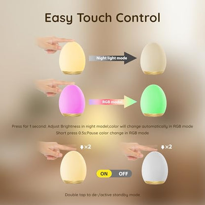 Egg Light with 7 RGB Colors Dimmable Touch Night Light for Kids - Wooden