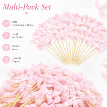 Pink Bow Cocktail Picks Set of 200 for Appetizers & Desserts