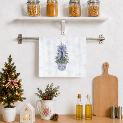 Chinoiserie Christmas Kitchen Towels - Blue Bow Tree Dish Hand Towels Multi 0368