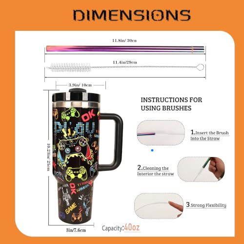 Black Gaming Water Bottle 40oz Insulated Tumbler with Handle & Straw