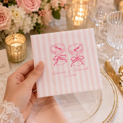 Personalized Wedding Napkins with Name and Date - Style 2, Custom Striped Cocktail Party Supplies