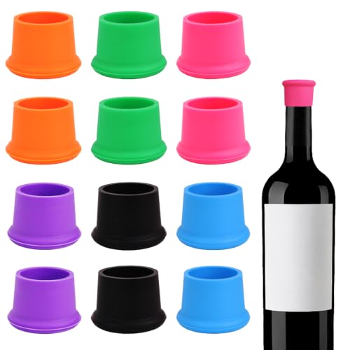 12 Pack Colorful Silicone Wine Stoppers - Reusable Bottle Seals for Wine & Beverages