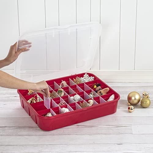 Sterilite Red Holiday Ornament Storage Container - Adjustable Organizer Case for 32 Ornaments