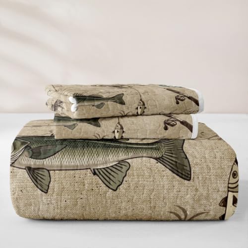 Brown 18 Twin Rustic Fishing Quilt Set with Pillowcase - Farmhouse Cabin Bedding