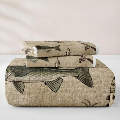 Brown 18 Twin Rustic Fishing Quilt Set with Pillowcase - Farmhouse Cabin Bedding